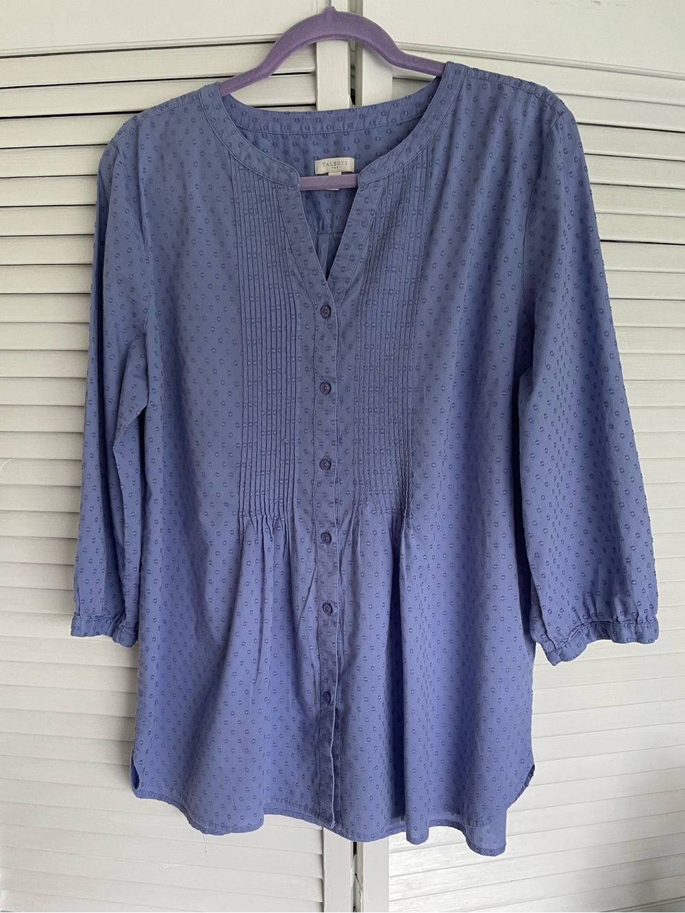 Talbot Button Front Periwinkle Blue Top with Pintuck Details - size L